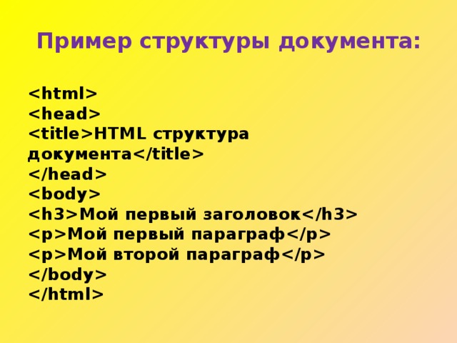 Пример структуры документа:       HTML структура документа      Мой первый заголовок  Мой первый параграф  Мой второй параграф