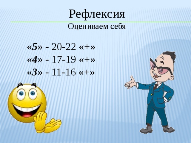 Рефлексия Оцениваем себя « 5 » - 20-22 «+» « 4 » - 17-19 «+» « 3 » - 11-16 «+»