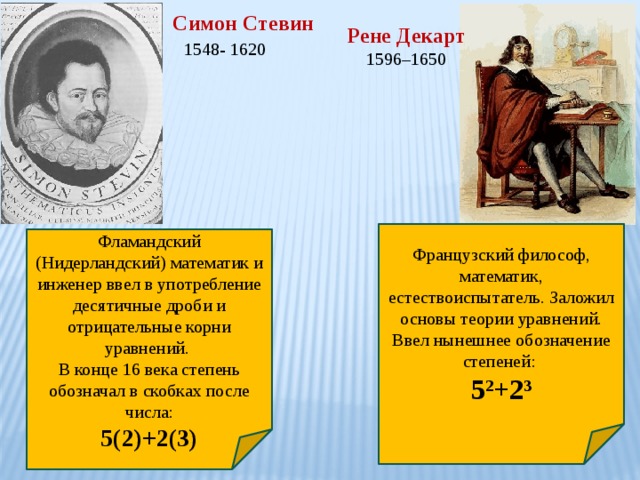 Симон Стевин 1548- 1620  Рене Декарт 1596–1650 Французский философ, математик, естествоиспытатель. Заложил основы теории уравнений. Ввел нынешнее обозначение степеней: 5 2 +2 3 Фламандский (Нидерландский) математик и инженер ввел в употребление десятичные дроби и отрицательные корни уравнений. В конце 16 века степень обозначал в скобках после числа: 5(2)+2(3)