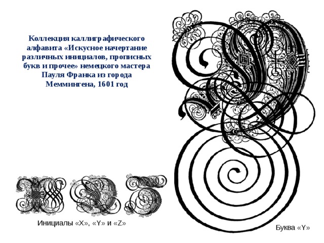 Коллекция каллиграфического алфавита «Искусное начертание различных инициалов, прописных букв и прочее» немецкого мастера Пауля Франка из города Меммингена, 1601 год Инициалы «X», «Y» и «Z» Буква «Y»