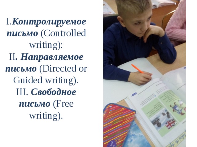 I. Контролируемое письмо (Controlled writing):  II . Направляемое письмо (Directed or Guided writing).  III. Свободное письмо (Free writing).