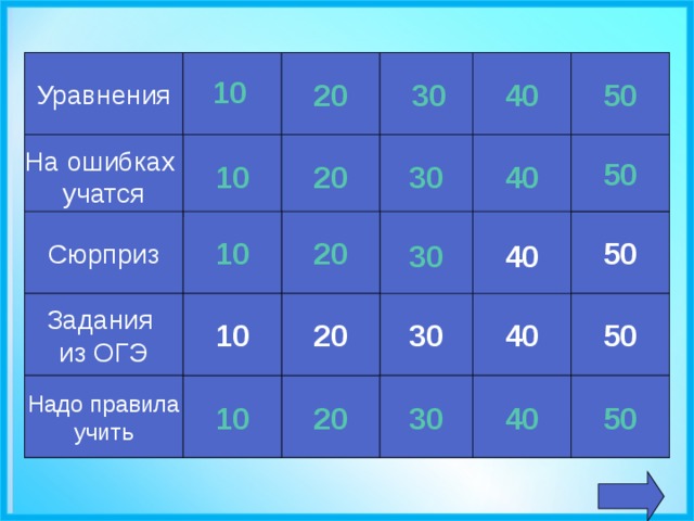 Уравнения 20 30 40 50 10 10 20 30 40 На ошибках учатся 50 Сюрприз 20 10 50 40 30 20 Задания из ОГЭ 10 30 40 50 50 40 30 10 20 Надо правила учить