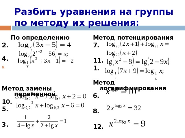 Разбить уравнения на группы по методу их решения:  По определению 2. 4.    Метод замены переменной 10. 5.  3. Метод потенцирования 7.  11. 1.  Метод логарифмирования 6.  8.  12.