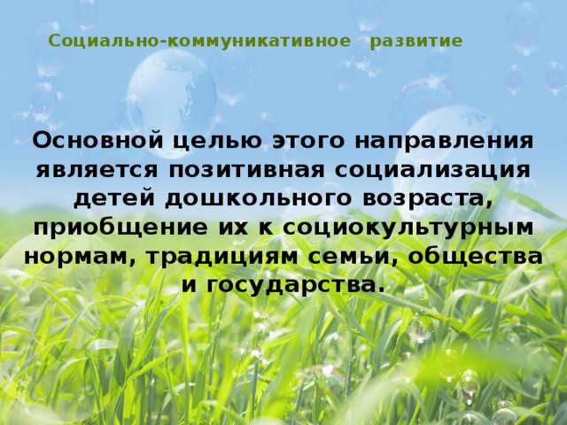 Социально-коммуникативное развитие   Основной целью этого направления является позитивная социализация детей дошкольного возраста, приобщение их к социокультурным нормам, традициям семьи, общества и государства.