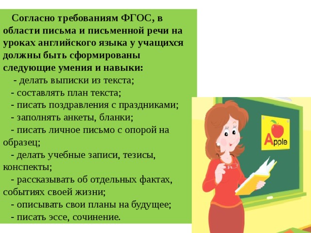 Согласно требованиям ФГОС, в области письма и письменной речи на уроках английского языка у учащихся должны быть сформированы следующие умения и навыки:  - делать выписки из текста; - составлять план текста; - писать поздравления с праздниками; - заполнять анкеты, бланки; - писать личное письмо с опорой на образец; - делать учебные записи, тезисы, конспекты; - рассказывать об отдельных фактах, событиях своей жизни; - описывать свои планы на будущее; - писать эссе, сочинение.