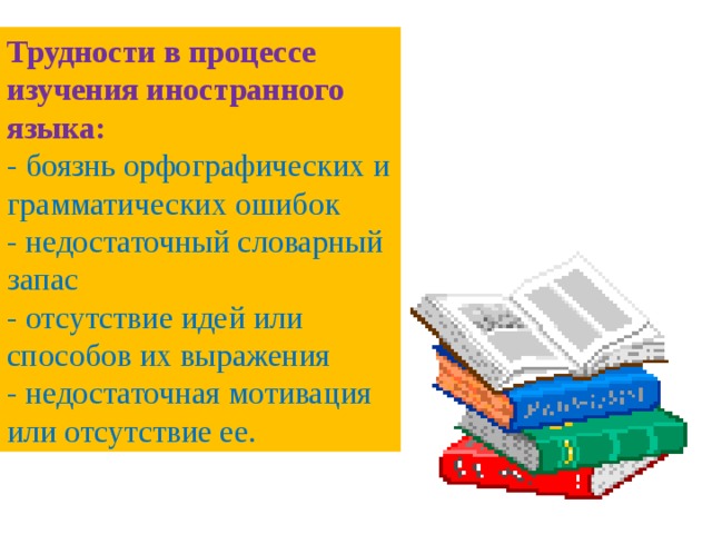 Трудности в процессе изучения иностранного языка:  - боязнь орфографических и грамматических ошибок - недостаточный словарный запас  - отсутствие идей или способов их выражения - недостаточная мотивация или отсутствие ее.