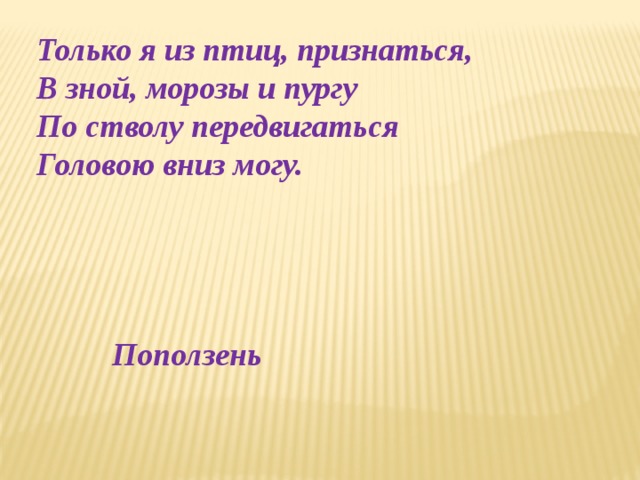 Только я из птиц, признаться,  В зной, морозы и пургу  По стволу передвигаться  Головою вниз могу. Поползень