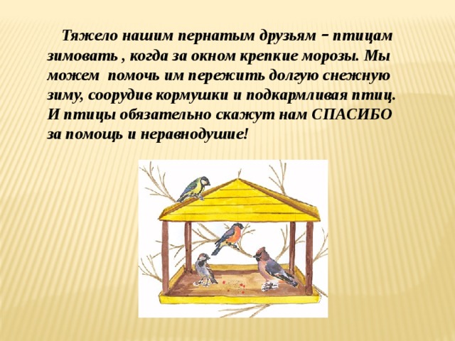   Тяжело нашим пернатым друзьям – птицам зимовать , когда за окном крепкие морозы. Мы можем помочь им пережить долгую снежную зиму, соорудив кормушки и подкармливая птиц. И птицы обязательно скажут нам СПАСИБО за помощь и неравнодушие!