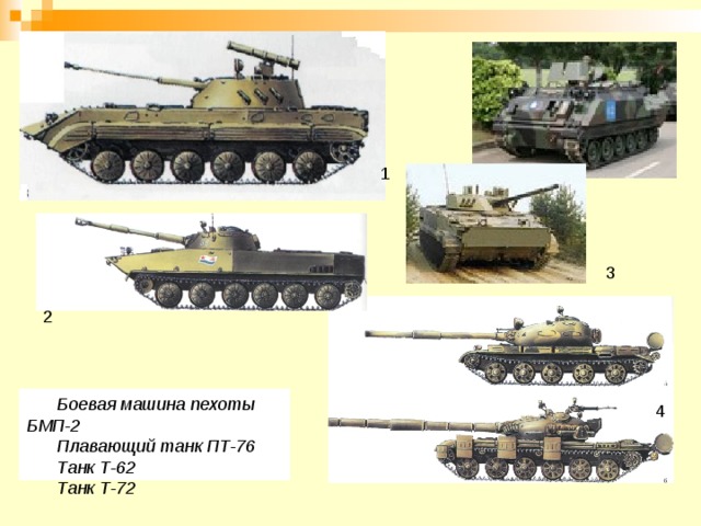 1 3 2 Боевая машина пехоты БМП-2 Плавающий танк ПТ-76 Танк Т-62 Танк Т-72 4