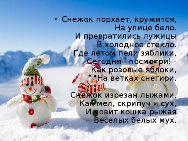 Снежок порхает, кружится,  На улице бело.  И превратились лужицы  В холодное стекло.  Где летом пели зяблики,  Сегодня - посмотри! -  Как розовые яблоки,  На ветках снегири.   Снежок изрезан лыжами,  Как мел, скрипуч и сух,  И ловит кошка рыжая  Веселых белых мух.