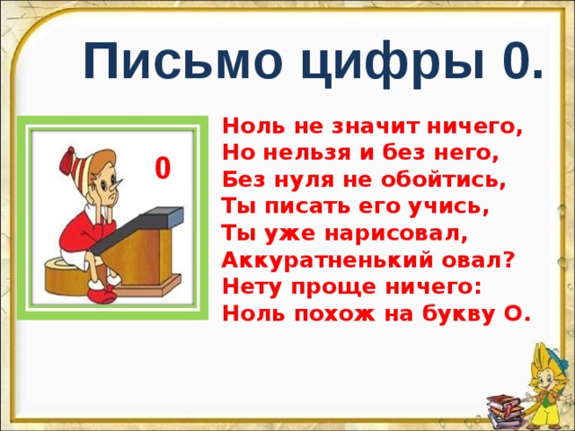 Письмо цифры 0. Ноль не значит ничего, Но нельзя и без него, Без нуля не обойтись, Ты писать его учись, Ты уже нарисовал, Аккуратненький овал? Нету проще ничего: Ноль похож на букву О. 0