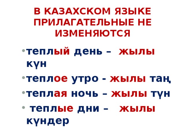 В КАЗАХСКОМ ЯЗЫКЕ ПРИЛАГАТЕЛЬНЫЕ НЕ ИЗМЕНЯЮТСЯ