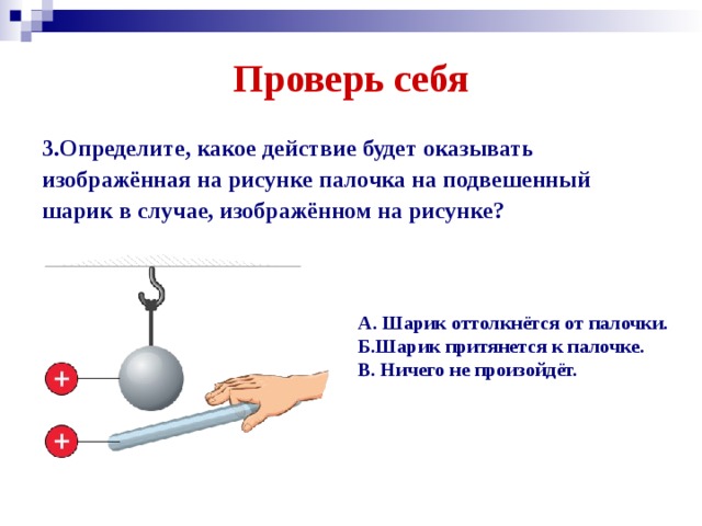 Проверь себя 3.Определите, какое действие будет оказывать изображённая на рисунке палочка на подвешенный шарик в случае, изображённом на рисунке? А. Шарик оттолкнётся от палочки. Б.Шарик притянется к палочке. В. Ничего не произойдёт.