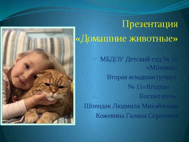 Презентация  «Домашние животные» МБДОУ Детский сад № 16 «Мозаика» Вторая младшая группа № 11«Ягодка» Воспитатель:  Шпендак Людмила Михайловна Кожевина Галина Сергеевна