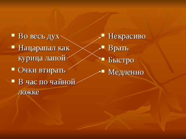 Во весь дух Нацарапал как курица лапой Очки втирать В час по чайной ложке Некрасиво Врать Быстро Медленно