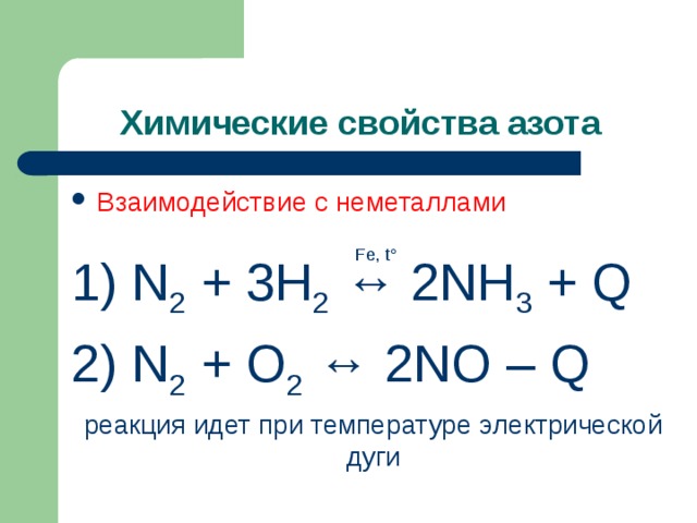 Химические свойства азота Взаимодействие с неметаллами 1) N 2 + 3H 2 ↔ 2NH 3 + Q 2) N 2 + O 2 ↔ 2NO – Q реакция идет при температуре электрической дуги Fe, t°