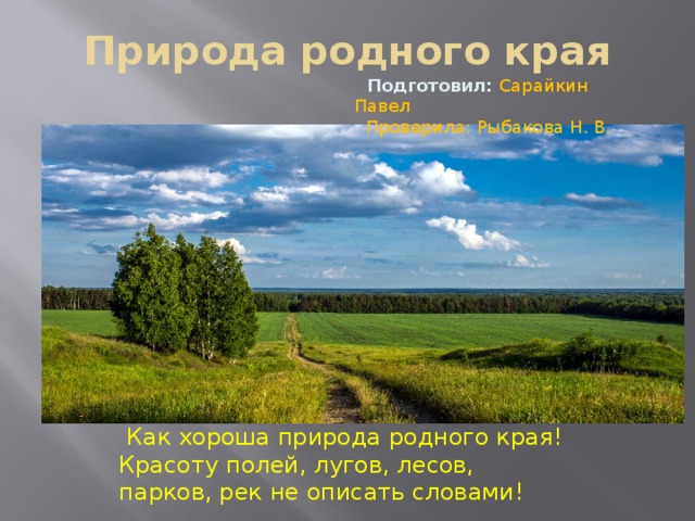 Природа родного края  Подготовил: Сарайкин Павел  Проверила: Рыбакова Н. В.  Как хороша природа родного края! Красоту полей, лугов, лесов, парков, рек не описать словами!