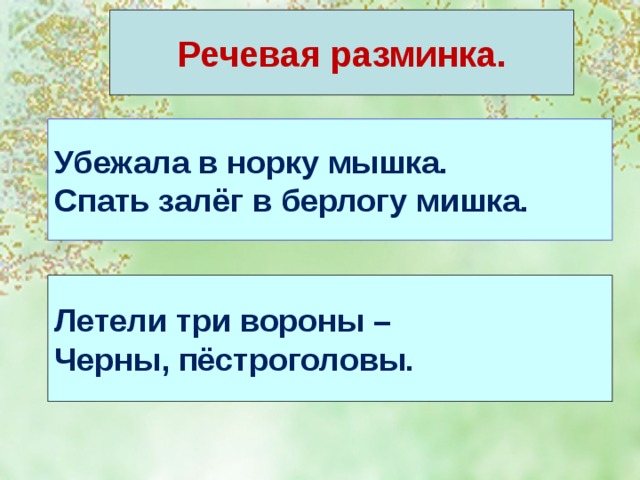 Речевая разминка. Убежала в норку мышка. Спать залёг в берлогу мишка. Летели три вороны – Черны, пёстроголовы.