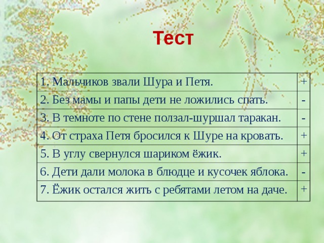 Тест 1. Мальчиков звали Шура и Петя. + - 2. Без мамы и папы дети не ложились спать. 3. В темноте по стене ползал-шуршал таракан. - 4. От страха Петя бросился к Шуре на кровать. + 5. В углу свернулся шариком ёжик. + 6. Дети дали молока в блюдце и кусочек яблока. - 7. Ёжик остался жить с ребятами летом на даче. + Дети выполняют тест в парах. Затем проверка на экране.