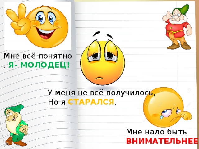 Мне всё понятно . Я- МОЛОДЕЦ! У меня не всё получилось, Но я СТАРАЛСЯ . Мне надо быть ВНИМАТЕЛЬНЕЕ .