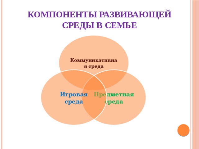 Компоненты развивающей среды в семье Коммуникативная среда Предметная среда Игровая среда