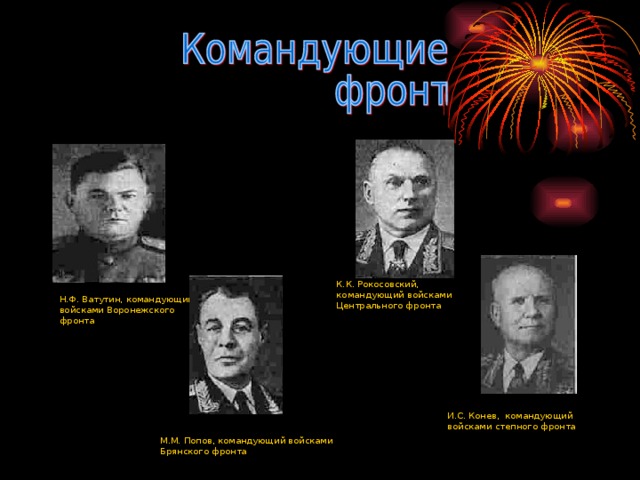 К.К. Рокосовский, командующий войсками Центрального фронта Н.Ф. Ватутин, командующий войсками Воронежского фронта И.С. Конев, командующий войсками степного фронта М.М. Попов, командующий войсками Брянского фронта