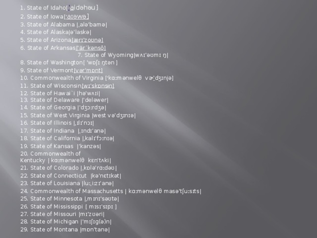 1. State of Idaho[ ˈ a idəhəu] 2. State of Iowa[ ˈ aɪəwə] 3. State of Alabama |ˌaləˈbamə| 4. State of Alaska|əˈlaskə| 5. State of Arizona [ærɪˈzoʊnə] 6. State of Arkansas [ˈärˊkənsô]  7. State of Wyoming|wʌɪˈəʊmɪ ŋ| 8. State of Washington[ ˈwɒʃɪ ŋtən ] 9. State of Vermont [vərˈmɒnt] 10. Commonwealth of Virginia   [ ˈ kɑːmənwelθ vɚ ˈ dʒɪnjə] 11. State of Wisconsin [wɪˈskɒnsɨn] 12. State of Hawai`i |həˈwʌɪi|  13. State of Delaware   |ˈdeləwer| 14. State of Georgia |ˈdʒɔːrdʒə| 15. State of West Virginia |west vəˈdʒɪnɪə| 16. State of Illinois |ˌɪlɪˈnɔɪ| 17. State of Indiana   |ˌɪndɪˈanə| 18. State of California |ˌkalɪˈfɔːnɪə| 19. State of Kansas |ˈkanzəs| 20. Commonwealth of  Kentucky | kɑːmənwelθ kɛnˈtʌki| 21. State of Colorado |ˌkɒləˈrɑːdəʊ| 22. State of Connecticut   |kəˈnɛtɪkət| 23. State of Louisiana |luːˌiːzɪˈanə| 24. Commonwealth of Massachusetts | kɑːmənwelθ  masəˈtʃuːsɪts| 25. State of Minnesota |ˌmɪnɪˈsəʊtə| 26. State of Mississippi [ mɪsɪˈsɪpɪ ] 27. State of Missouri |mɪˈzʊəri| 28. State of Michigan |ˈmɪʃɪɡ(ə)n| 29. State of Montana |mɒnˈtanə|