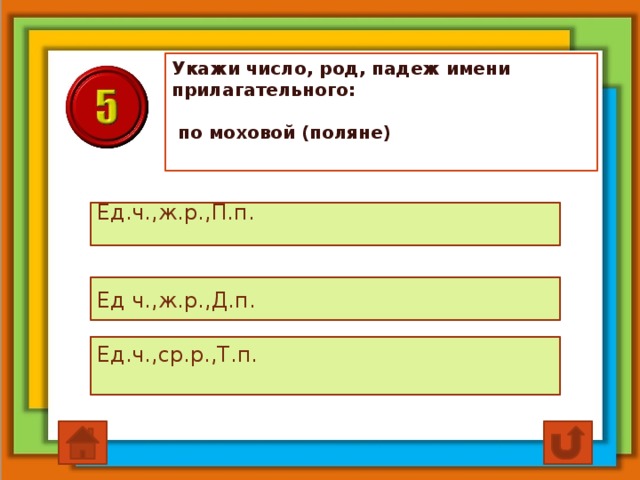 Укажи число, род, падеж имени прилагательного:   по моховой (поляне) Ед.ч.,ж.р.,П.п. Ед ч.,ж.р.,Д.п. Ед.ч.,ср.р.,Т.п.