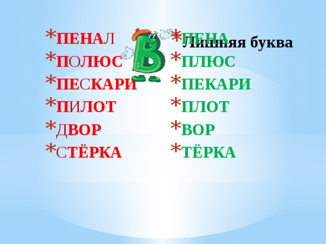 ПЕНА ПЛЮС ПЕКАРИ ПЛОТ ВОР ТЁРКА ПЕНА Л П О ЛЮС ПЕ С КАРИ П И ЛОТ Д ВОР С ТЁРКА Лишняя буква