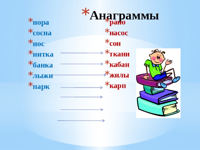 Анаграммы нора сосна нос нитка банка лыжи парк рано насос сон ткани кабан жилы карп