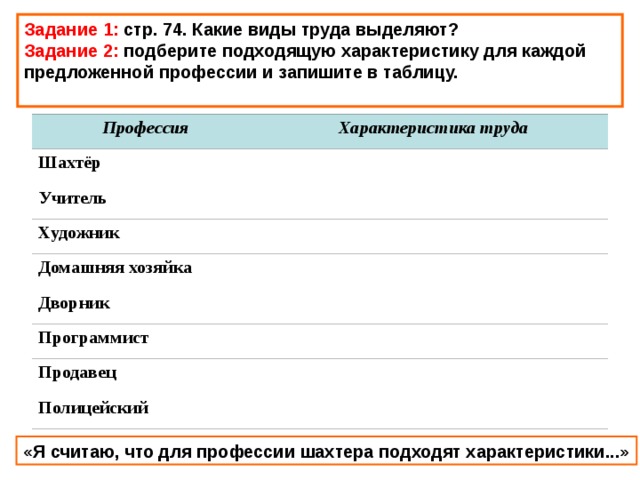 Задание 1: стр. 74. Какие виды труда выделяют? Задание 2: подберите подходящую характеристику для каждой предложенной профессии и запишите в таблицу.  Профессия Характеристика труда Шахтёр Учитель Художник Домашняя хозяйка Дворник Программист Продавец Полицейский «Я считаю, что для профессии шахтера подходят характеристики...»