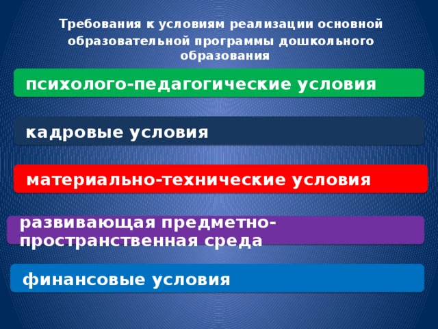 Требования к условиям реализации основной образовательной программы дошкольного образования психолого-педагогические условия кадровые условия материально-технические условия развивающая предметно-пространственная среда финансовые условия