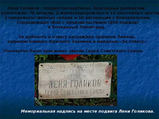 Лёня Голиков - подросток-партизан. Бригадный разведчик. Он уничтожил: 78 немцев, 2 железнодорожных и 12 шоссейных мостов,  2 продовольственных склада и 10 автомашин с боеприпасами.  Сопровождал обоз с продовольствием (250 подвод)  в блокадный Ленинград.  За доблесть и отвагу награждён орденом Ленина,  орденом Боевого Красного Знамени и медалью «За отвагу».   Посмертно было присвоено звание Героя Советского Союза.  Мемориальная надпись на месте подвига Лени Голикова.