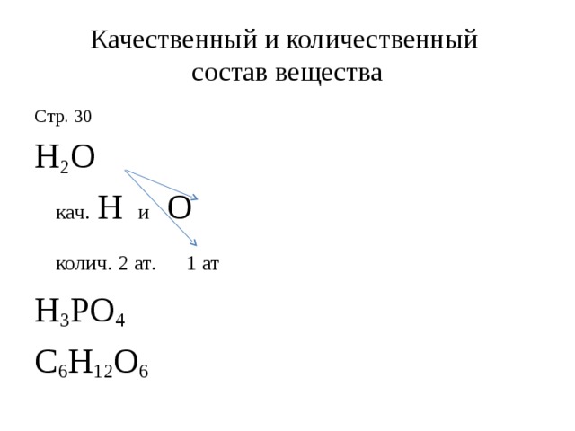 Качественный и количественный  состав вещества Стр. 30 H 2 O      кач.   H  и O    колич.  2 ат.  1 ат H 3 PO 4 C 6 H 12 O 6