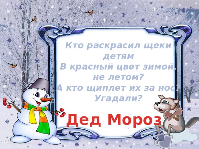 Кто раскрасил щеки детям  В красный цвет зимой, не летом?  А кто щиплет их за нос?  Угадали? Дед Мороз