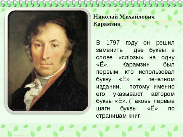 Николай Михайлович Карамзин В 1797 году он решил заменить две буквы в слове «слiозы» на одну «Ё». Карамзин был первым, кто использовал букву «Ё» в печатном издании, потому именно его указывают автором буквы «Ё». (Таковы первые шаги буквы «Ё» по страницам книг.