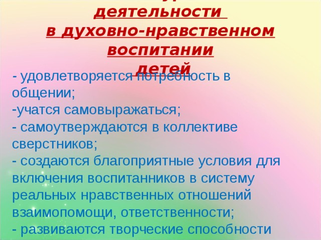 Роль внеурочной деятельности  в духовно-нравственном воспитании  детей - удовлетворяется потребность в общении; учатся самовыражаться; - самоутверждаются в коллективе сверстников; - создаются благоприятные условия для включения воспитанников в систему реальных нравственных отношений взаимопомощи, ответственности; - развиваются творческие способности