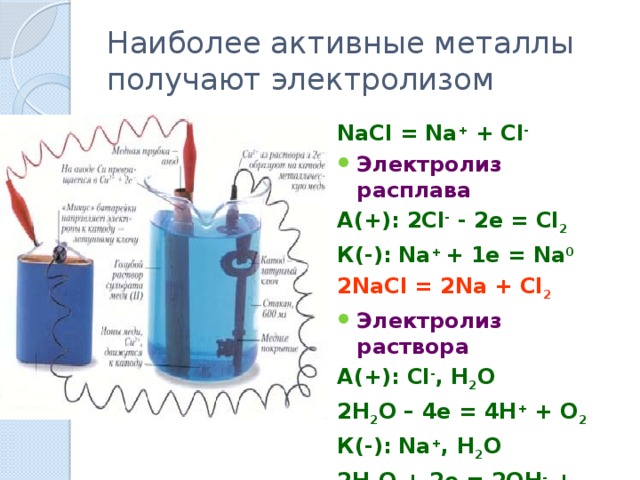 Наиболее активные металлы получают электролизом  NaCl = Na + + Cl - Электролиз расплава A(+): 2Cl - - 2e = Cl 2 К (-): Na + + 1e = Na 0 2NaCl = 2Na + Cl 2 Электролиз раствора A(+): Cl - , H 2 O 2H 2 O – 4e = 4H + + O 2 К (-): Na + , H 2 O 2H 2 O + 2e = 2OH - + H 2 2H 2 O = 2H 2 + O 2