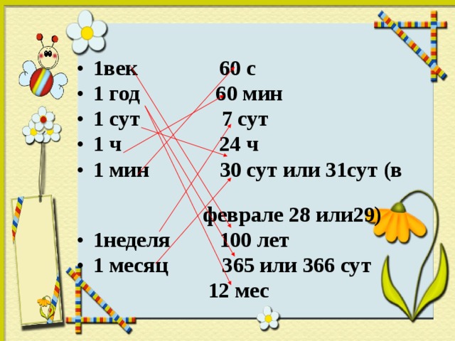 1век 60 с 1 год 60 мин 1 сут 7 сут 1 ч 24 ч 1 мин 30 сут или 31сут (в  феврале 28 или29) 1неделя 100 лет 1 месяц 365 или 366 сут