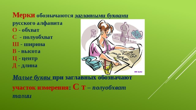 Мерки обозначаются заглавными буквами русского алфавита  О - обхват  С - полуобхват  Ш - ширина  В - высота  Ц - центр  Д - длина   Малые буквы при заглавных обозначают участок измерения : С т – полуобхват талии