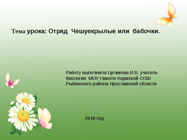 Тема урока: Отряд Чешуекрылые или бабочки .   Работу выполнила Целикова И.В. учитель биологии МОУ Николо-Кормской СОШ Рыбинского района Ярославской области 2018 год