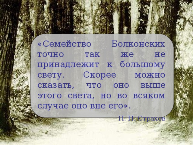 «Семейство Болконских точно так же не принадлежит к большому свету. Скорее можно сказать, что оно выше этого света, но во всяком случае оно вне его». Н. Н. Страхов