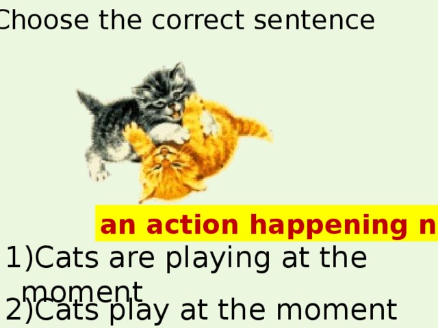 Choose the correct sentence an action happening now 1)Cats are playing at the moment 2)Cats play at the moment