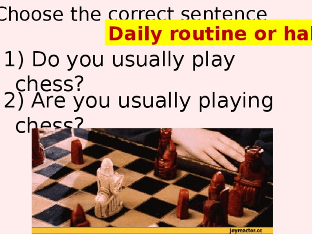 Choose the correct sentence Daily routine or habit 1) Do you usually play chess? 2) Are you usually playing chess?