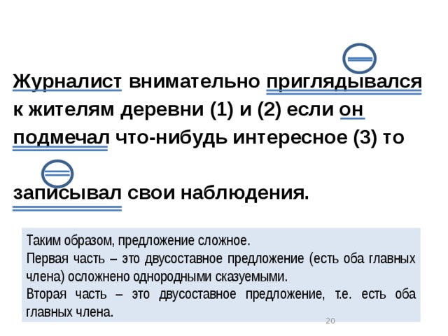 Журналист внимательно приглядывался к жителям деревни (1) и (2) если он подмечал что-нибудь интересное (3) то  записывал свои наблюдения. Таким образом, предложение сложное. Первая часть – это двусоставное предложение (есть оба главных члена) осложнено однородными сказуемыми. Вторая часть – это двусоставное предложение, т.е. есть оба главных члена.