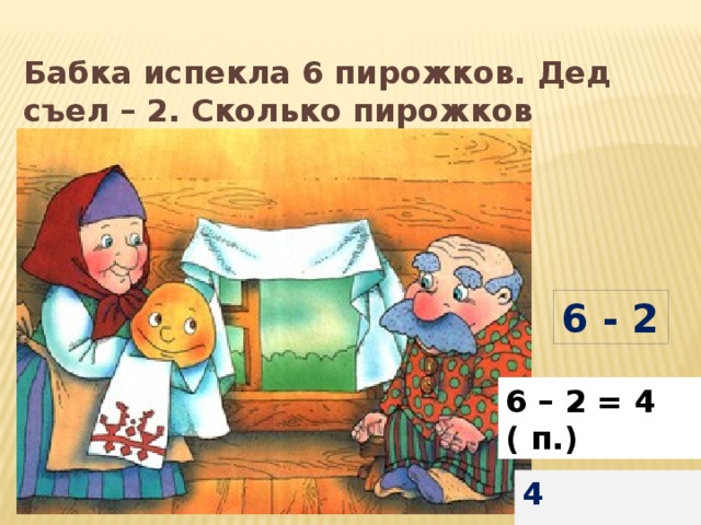 Бабка испекла 6 пирожков. Дед съел – 2. Сколько пирожков осталось? 6 - 2 6 – 2 = 4 ( п.) 4 пирожка