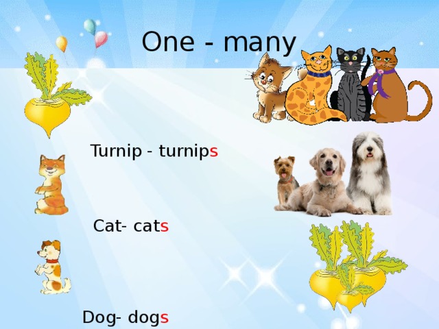 One - many Turnip - turnip s Учить образовывать слова множественного числа Cat- cat s Dog- dog s