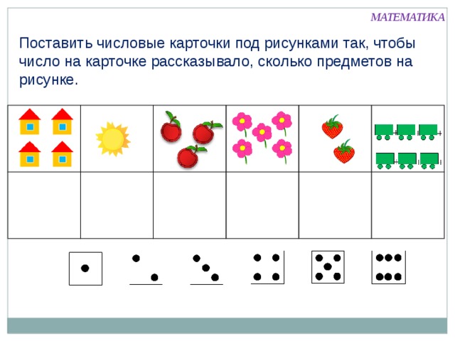 МАТЕМАТИКА Поставить числовые карточки под рисунками так, чтобы число на карточке рассказывало, сколько предметов на рисунке.