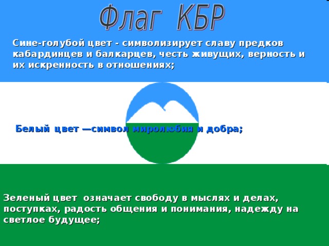 Сине-голубой цвет - символизирует славу предков кабардинцев и балкарцев, честь живущих, верность и их искренность в отношениях; Белый  цвет —символ миролюбия и добра; Зеленый цвет означает свободу в мыслях и делах, поступках, радость общения и понимания, надежду на светлое будущее;