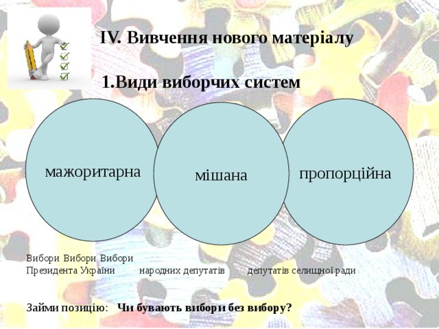 ІV. Вивчення нового матеріалу Види виборчих систем мажоритарна пропорційна мішана Вибори    Вибори    Вибори  Президента України  народних депутатів  депутатів селищної ради Займи позицію: Чи бувають вибори без вибору?